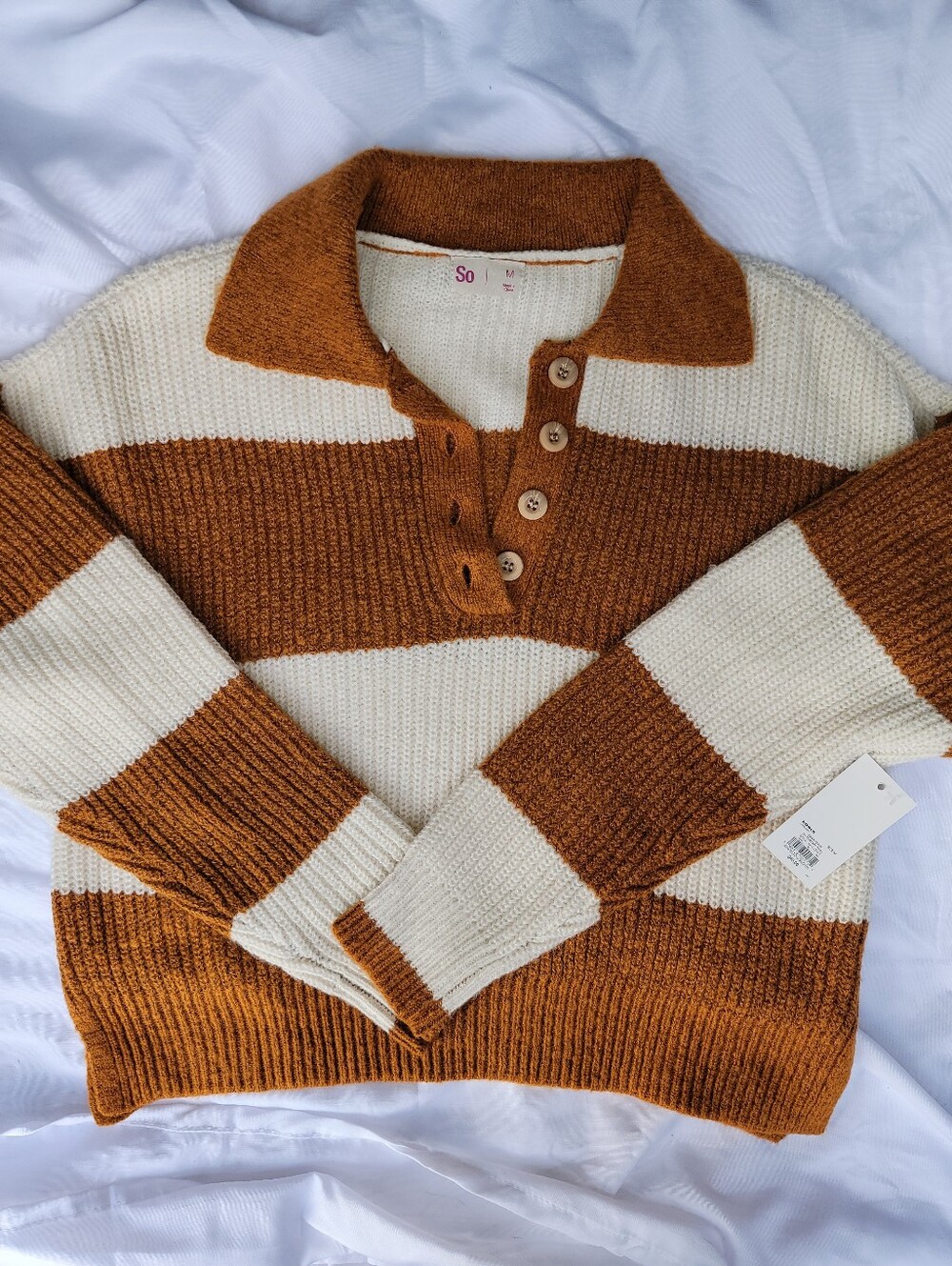 Striped Collared Knit Sweater - Cream & Brown
